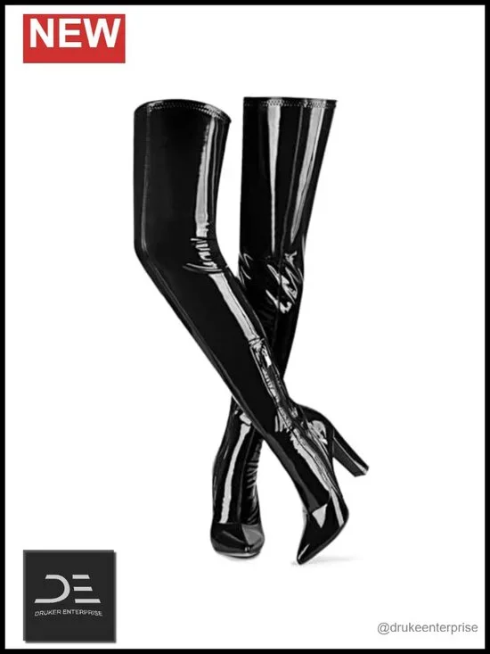 Womens Pointed Toe Chunky Heel Over Knee Thigh High Boots Patent Leather PU
