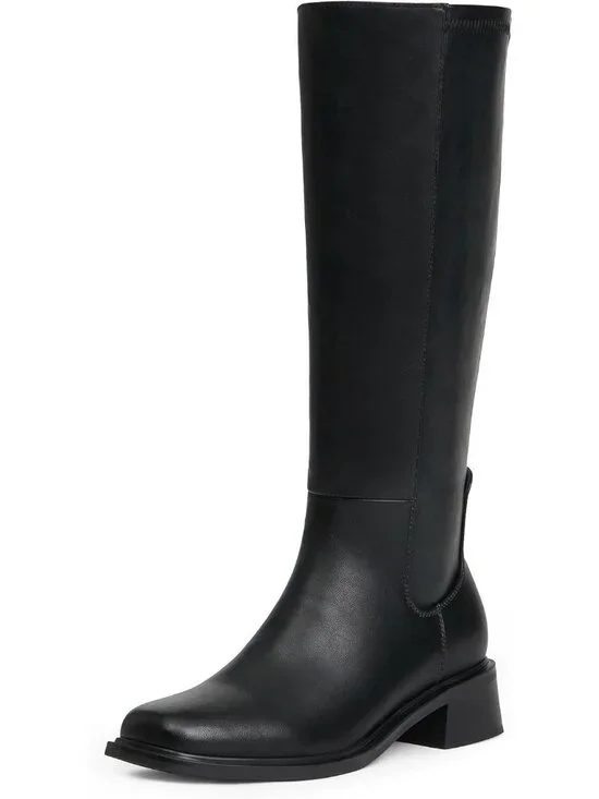 Women's Black Faux Leather Square Toe Knee High Stylish With Side Zipper Boots