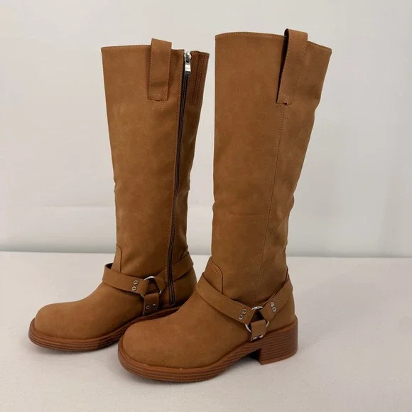 Tan Faux Suede Tall Harness Boots Womens 9-9.5 Round Toe Moto Block Heel Zip