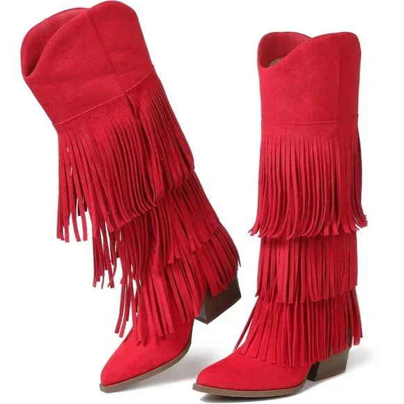 Women's Red Retro Pointed Toe Pull On Block Chunky Heel Fringe Country