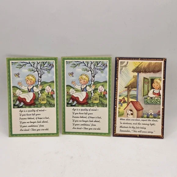 Brownie Greeting Cards 3pc Vintage Multi Inspirational‎ Poetry Folk Art Ephemera
