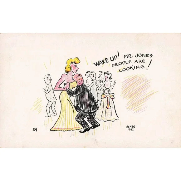 Vintage 1952 Elmer Anderson Comic Postcard Wake Up Mr Jones Dancing Humorous Art