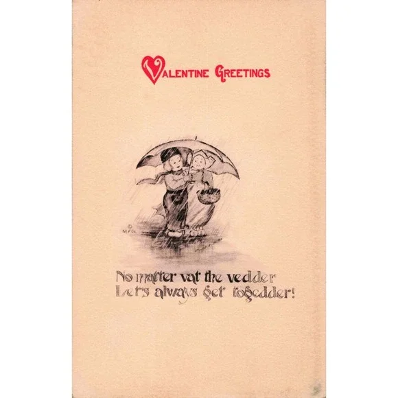 Vintage 1912 Dutch Valentine Postcard Majestic Publishing Co Rain Umbrella VG