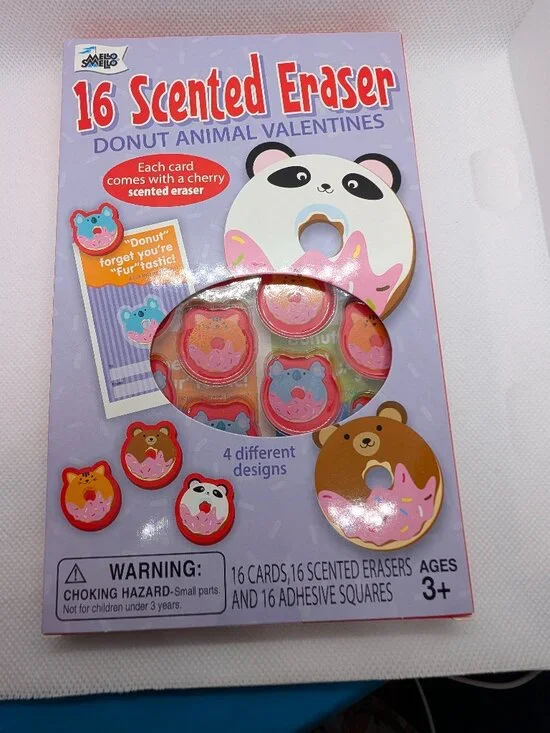 16 Animal Donut Scented Erasers & Valentines Day Exchange Cards Mello Smello-NEW