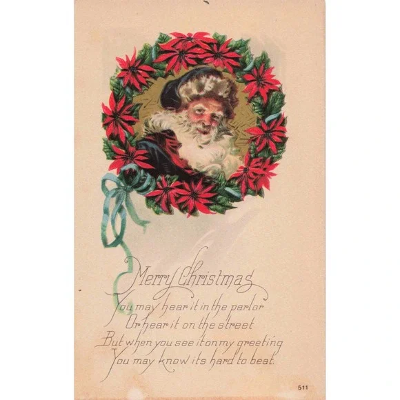 Vintage Merry Christmas Postcard Santa Claus Poinsettia Wreath Poem 511 USA