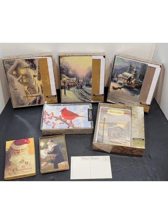 Thomas Kinkade Christmas Cards-4 Boxes, Cardinal Cards & Vtg Christmas Postcards