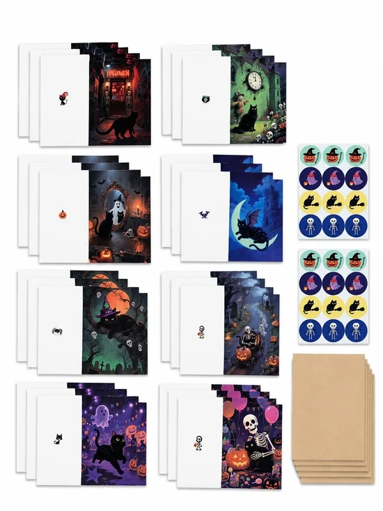 24 Black Cat Halloween Greeting Cards Envelopes Stickers Spooky Set