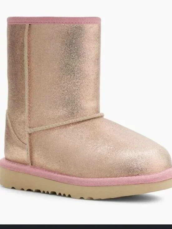 UGG Classic II Short Boots Metallic Rose Gold Sparkle Glitter Size 6 Big Girl