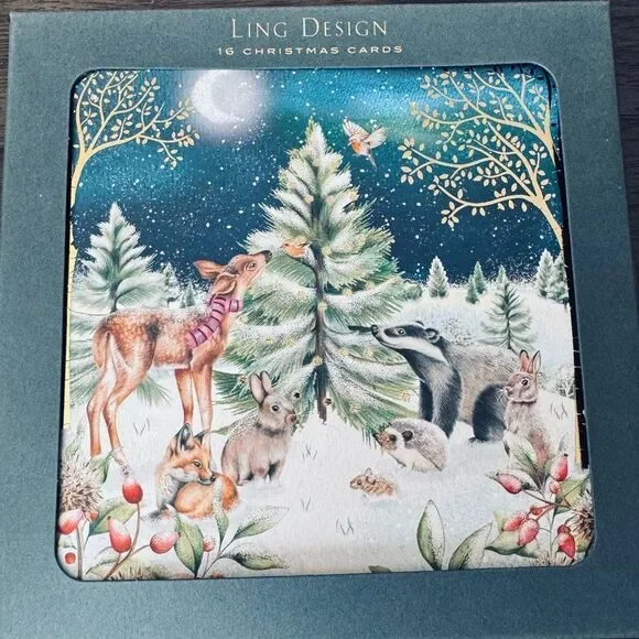 Christmas Winter Forest Animals Whimsical Botanical Holiday Greeting Cards Set