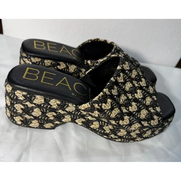 Beach by Matisse Womens 8M Platform Slide Sandals Black Natural Woven Raffia
