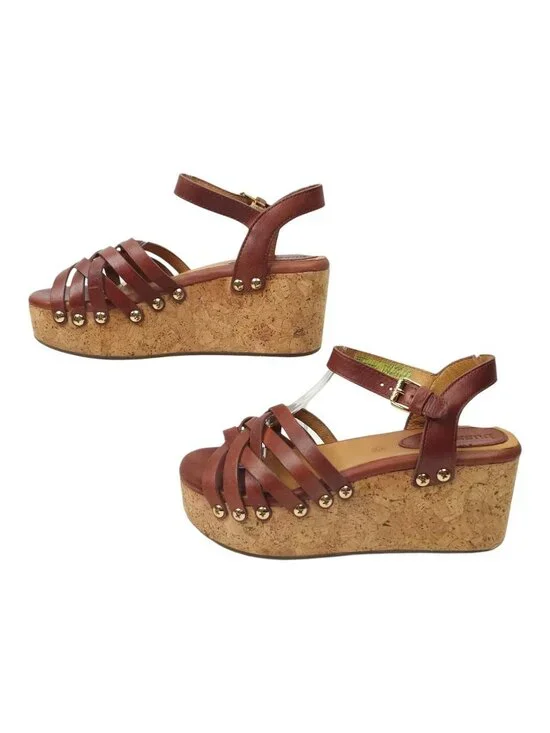 Bussola Mansfield Mavis Cork Wedge Sandals Platform EU 37 US 6 Brown Leather