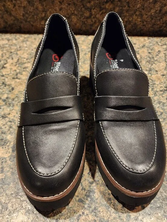Blondo Ladies Daina Waterproof Black Leather Platform Penny Loafers, Size 7.5