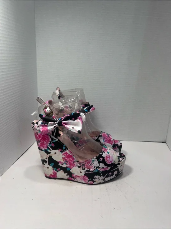 Iron Fist Pink & Black Floral Platform Wedges with Bow