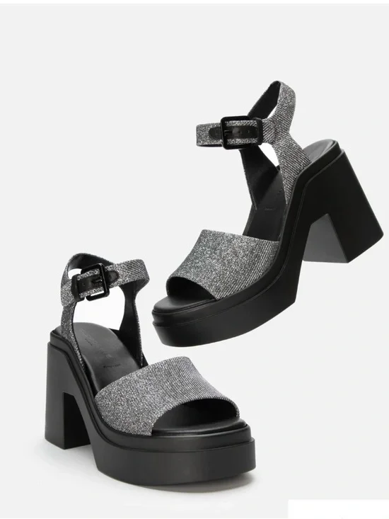 Robert Clergerie Silver Glitter Platform Sandals with Black Chunky Heel