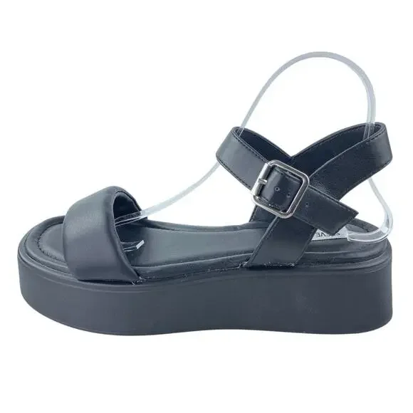 Steve Madden Dubai Womens Black Leather Ankle Strap Open Toe Platform Sandals 10