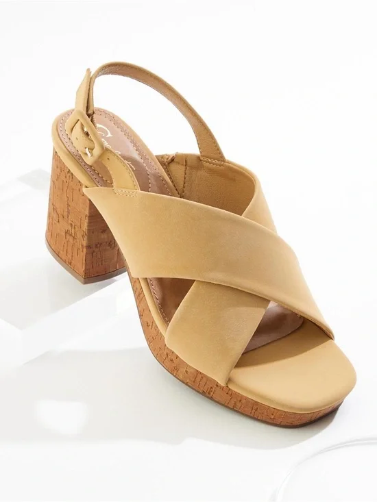 Premium Tan Cork Block Heel Slingback faux leather Sandal 3.5 inch heel