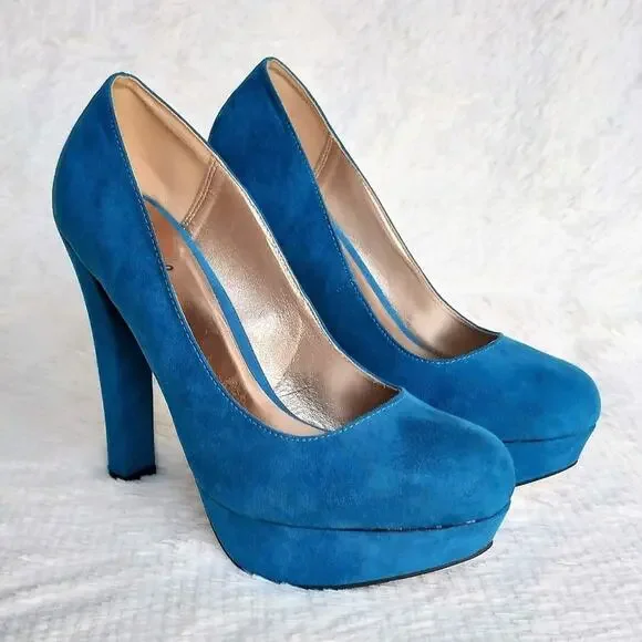 Qupid Teal Faux Suede Platform Pumps