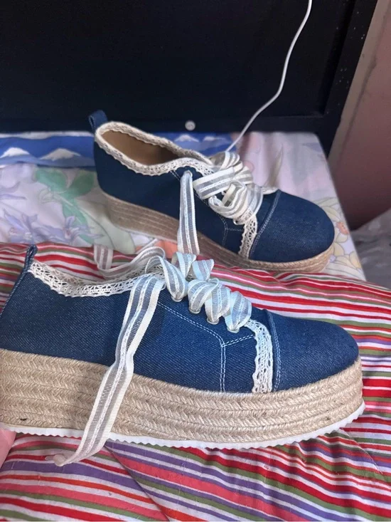 Blue Denim Platform Lace-Up Espadrilles