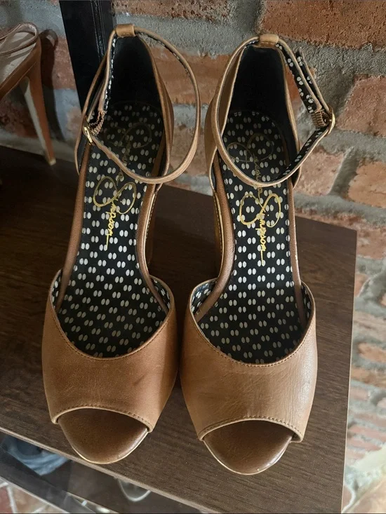 Jessica Simpson Cognac Peep-Toe Ankle-Strap Platforms