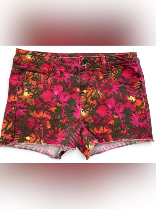 Justice Store Premium Denim Tropical Hibiscus Shorts in Pink/ Orange- NWOT