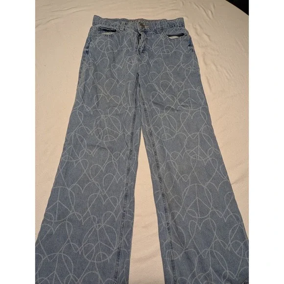 Justice Girls Blue Heart Peace Sign Print Wide Leg Denim Jeans Size 14