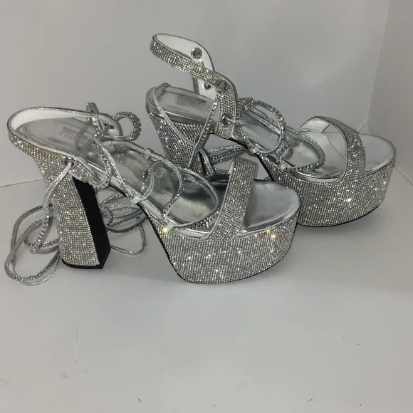 Dolls Kill Poster Girl Lace Up Silver Platform Heels 9