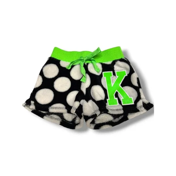 Justice Girls Black White Polka Dot Fleece Pajama Shorts Neon Green Initial K 5