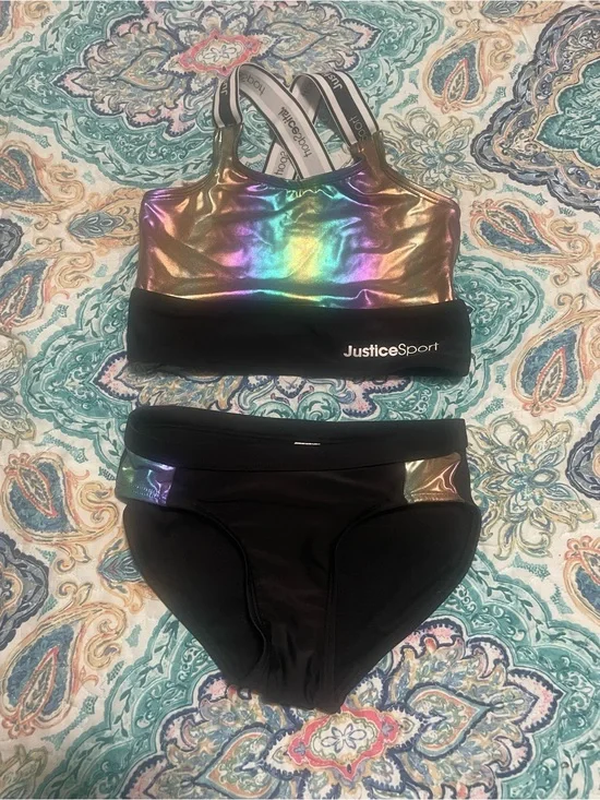 Justice Girls' Iridescent Rainbow & Black Two-Piece Swim Set