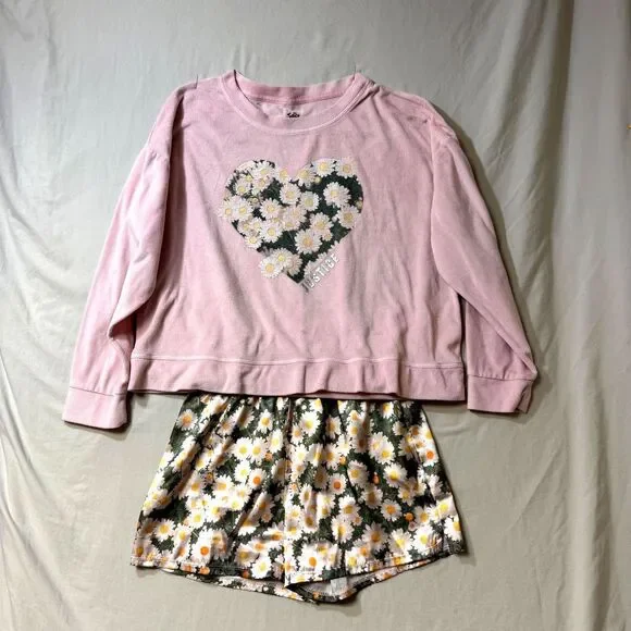 Justice Daisy Heart Pajama Set Pink Girl's Large 12-14 Soft Cozy Satin Fleece