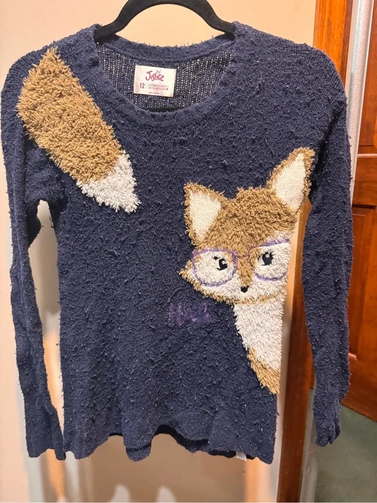 Justice Navy Girls' Fox Appliqué Sweater with Purple Glasses