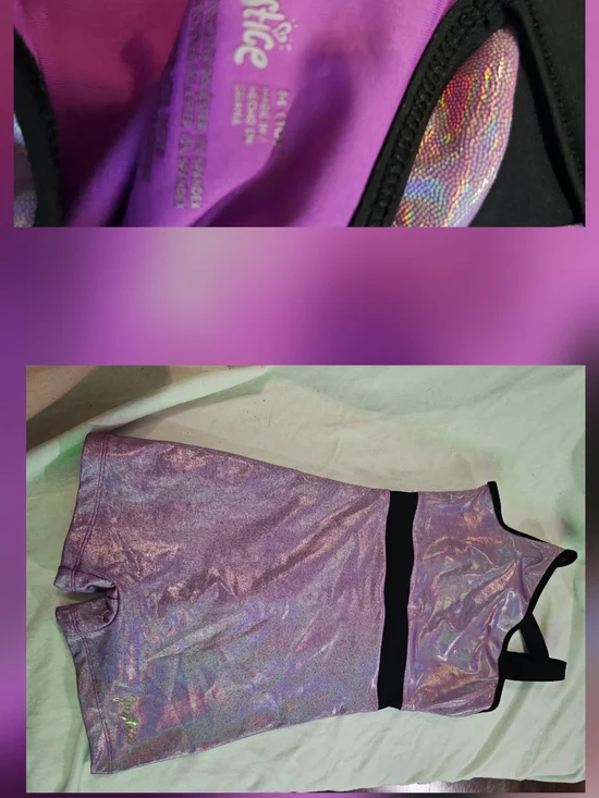 Justice Girls' Shimmery Purple Holographic One-Piece Leotard with Black Trim C10