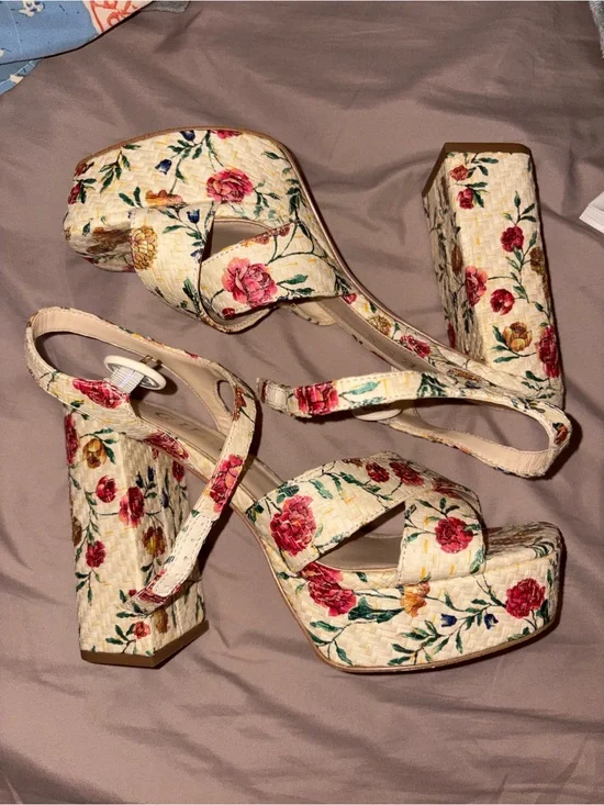 Guess Cream Floral Platform Block Heel Sandals
