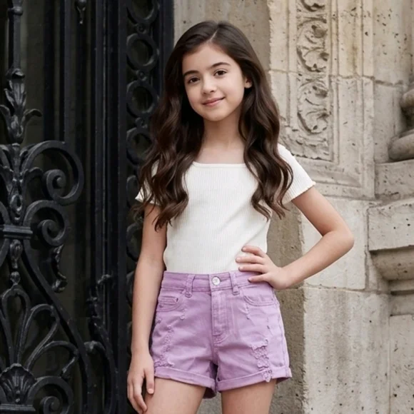 Justice Mom Shorts Girls 10 Slim Viola Purple Distressed Denim Jean Shorts
