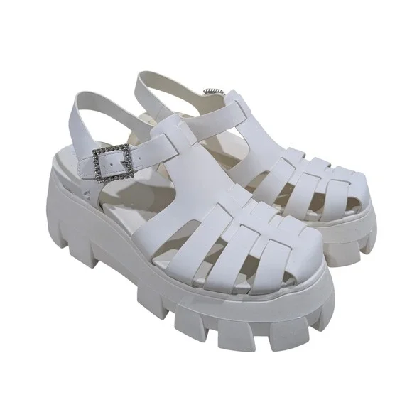 Circus NY Alyson White Platform Fisherman Lug Sole Sandals Rhinestone Buckle 9