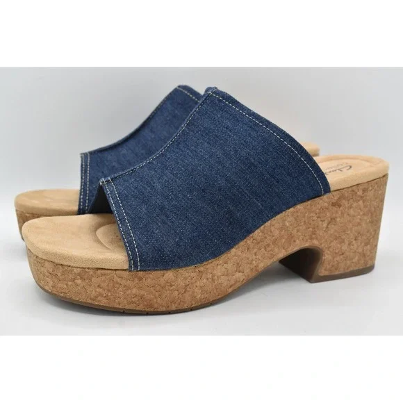 Clarks Womens Size 10 Nerisa Vine Dark Denim Heeled Sandals Slides Shoes