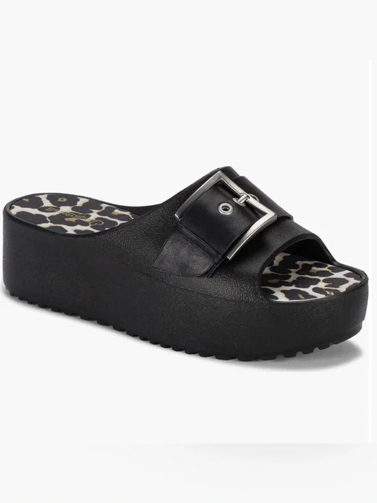 Baretraps Pacey Black Platform Slide Sandals Leopard Buckle Women’s NWOT