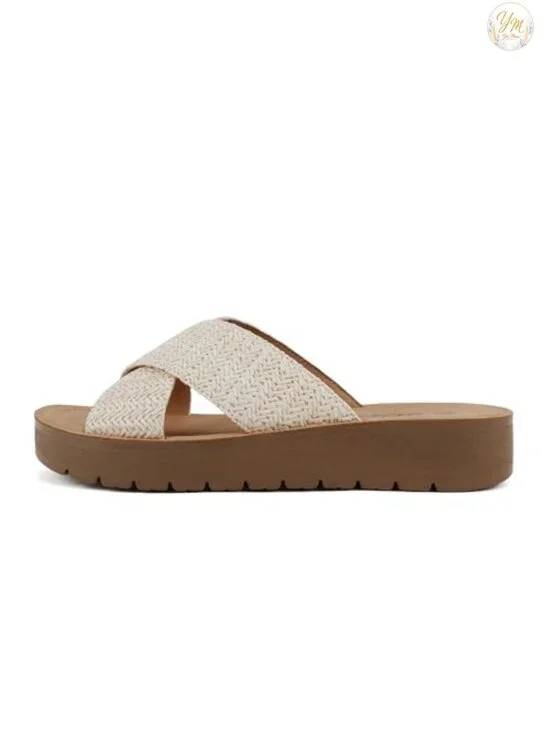 Soda LUCY Women Open Toe Crisscross Band Platform Slide Sandals Nude Raffia