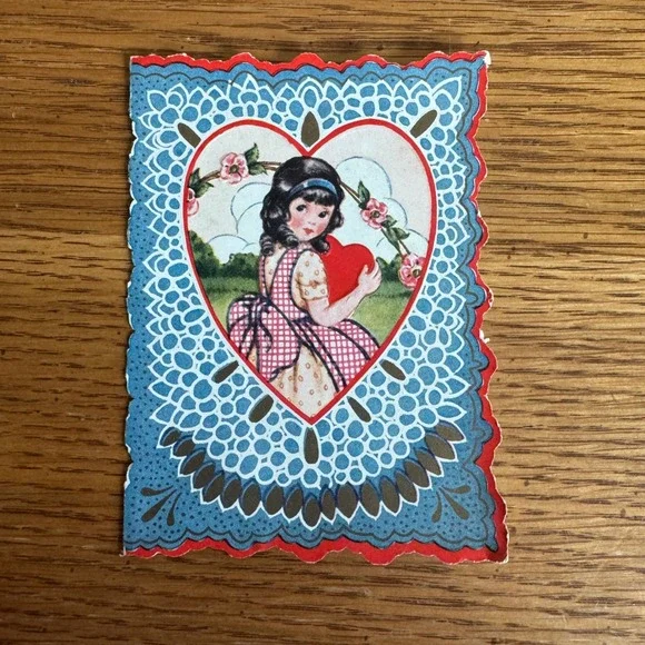 Vintage Valentine Card Girl Holding Heart Embossed Whitman Made Worcester MA USA