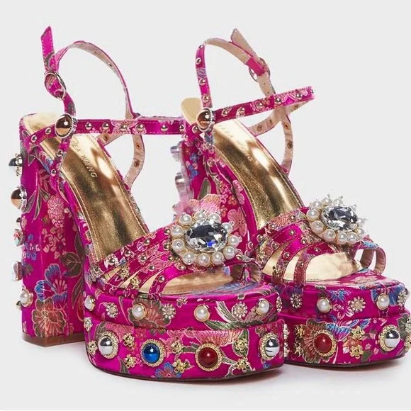Embellished Pink Platform Sandals with Jewel Accents