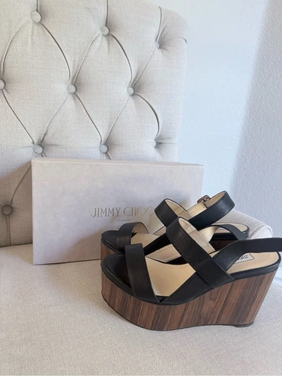 Jimmy Choo Black Leather Platform Wedge Sandals with Wood-Effect Base