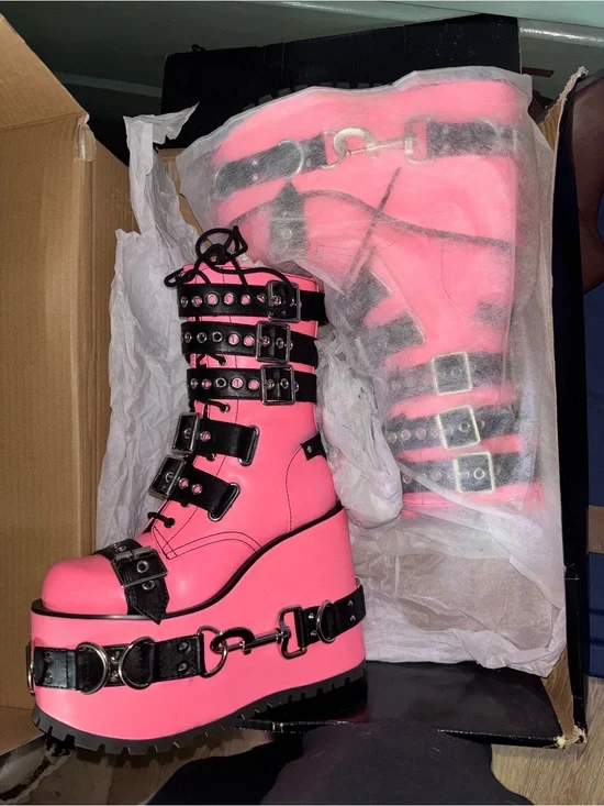 Dolls Kill Neon Pink Platform Combat Boots with Black Straps