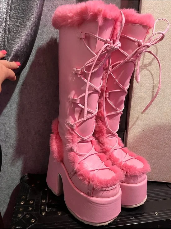 Demonia Pink Faux-Fur Platform Lace-Up Knee Boots
