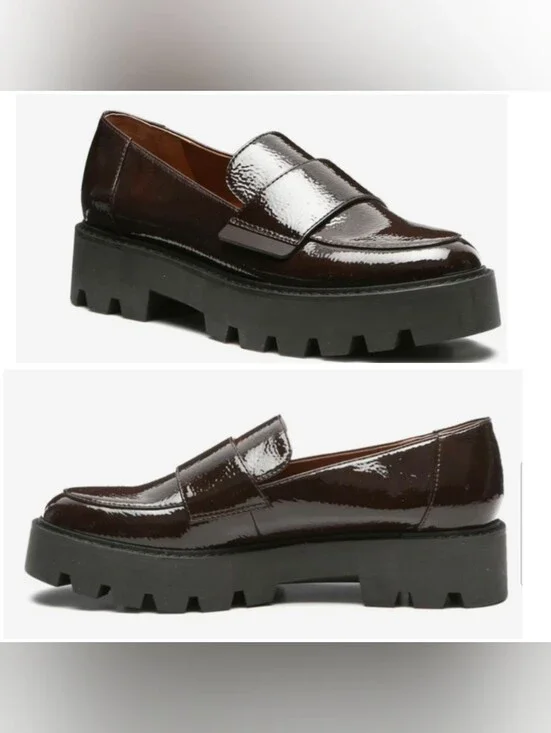 Franco Sarto Brindy Platform Loafers, Dark Brown Faux Patent Leather, EUC!