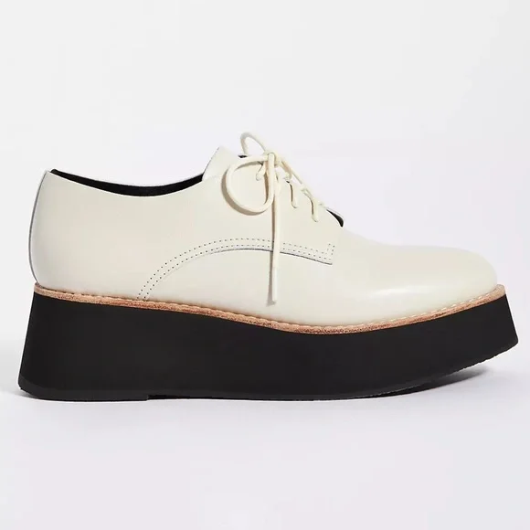 Anthropologie All Black Caroline Off White Lace Up Leather Platform Oxfords 39