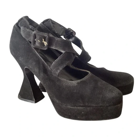 Vtg 90s Wild Pair Black Suede Upper Mary Jane Platform Whimsigoth Heels Size 39