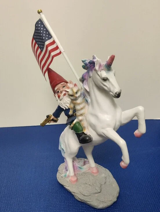 Patriotic Gnome on White Unicorn Figurine - Novelty Party Decor