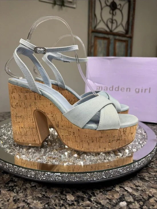 Madden Girl RIIO denim Pale Blue Cork Platform Heels NEW 8.5