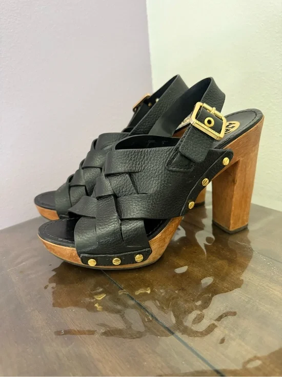 Tory Burch Black Leather Wood Platform Heels Sandals Gold Hardware 9.5