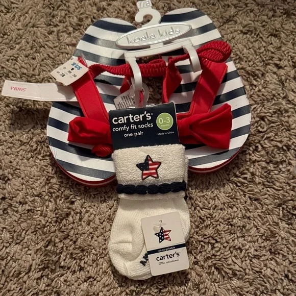 Koala Kids Swim adorable bow flip flops & Carter's Star-Embroidered White Socks