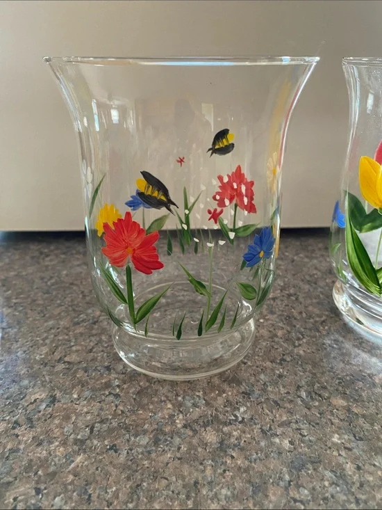 NWOT 3 Hand Painted Candle Holders with votive and sand approx 5”H